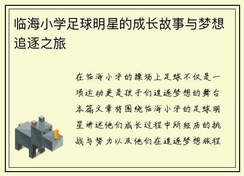 临海小学足球明星的成长故事与梦想追逐之旅